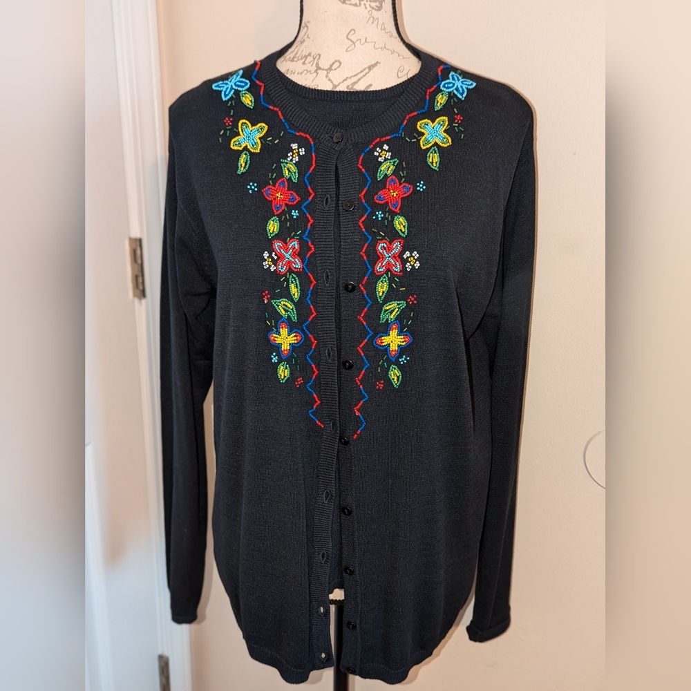 Diane Gilman Size Medium Silk Blend Black Beaded Sweater Set